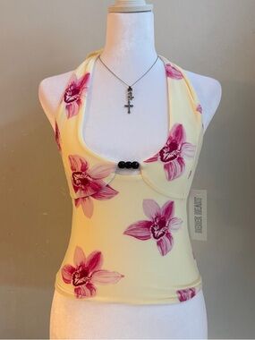 Derek Heart Yellow Halter Camisole with Pink Floral Accents